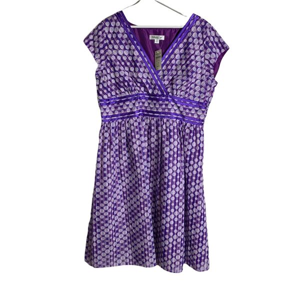 Coldwater Creek Size 16 Dress Purple Striped Dot Retro Pin-Up V-Neck Fit Flare - Picture 1 of 9